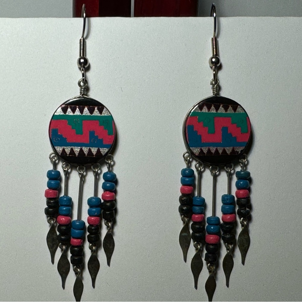 VTG Native Tribal Dream Catcher Earrings Vibrant Colors and Silver Unique BOHO